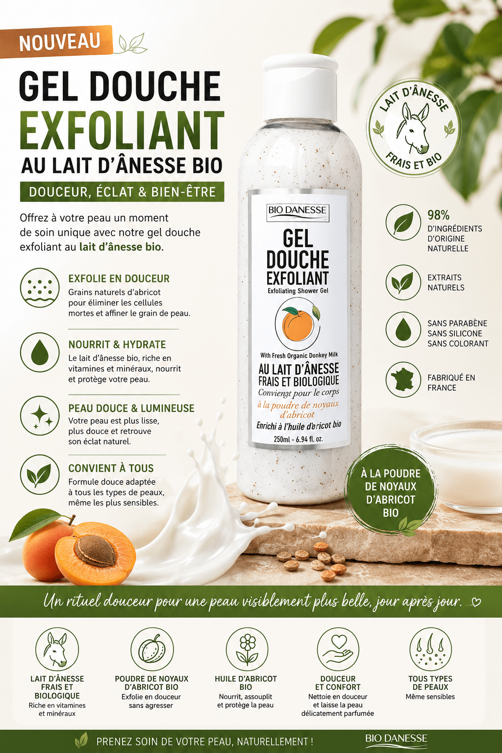 Gel douche exfoliant au lait d'ânesse espace cosmétique bio & bien être